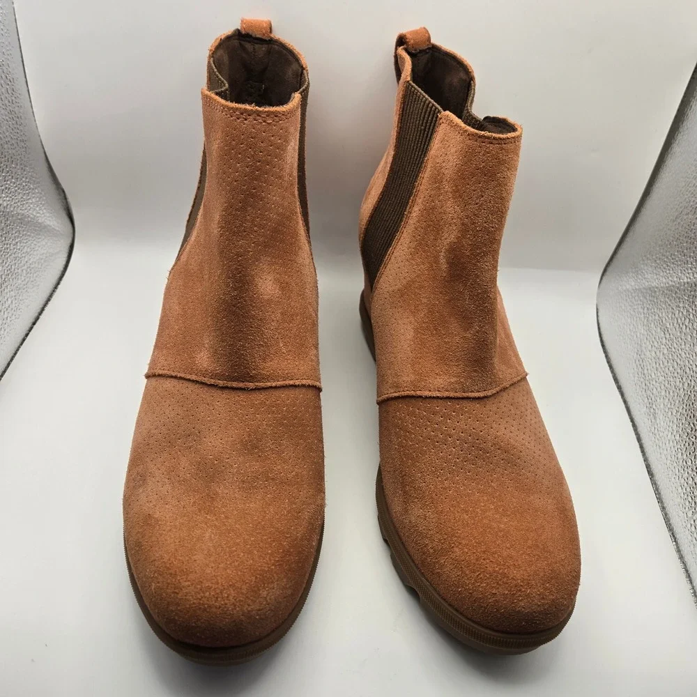 Sorel Joan of Arctic Wedge Ankle Boots Brown Suede Chelsea Booties Womens